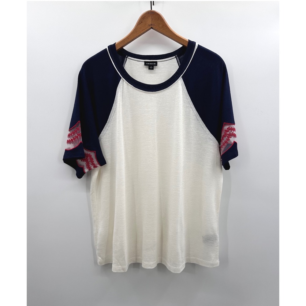 Torrid‎ Womens Plus Size 2 Baseball Tee Raglan Navy White Red Embroidered Mesh